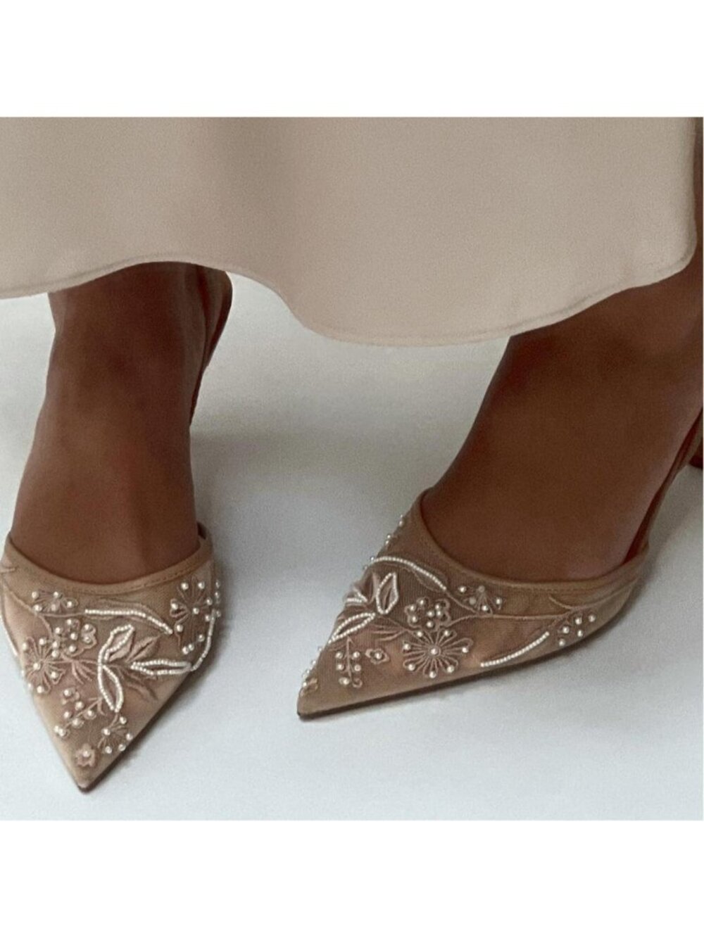 Women's Floral Embroidered Brown Slingback Heels with Pearl Studded Pointed Toe - Picture 2 of 6
